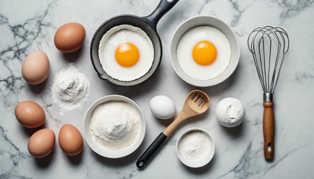 Baking essentials: eggs, flour, and cooking utensils on marble surface.の素材