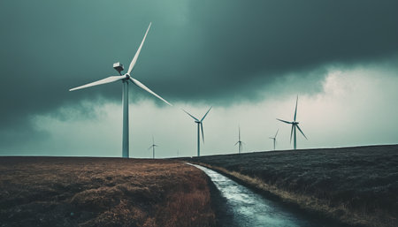 Majestic wind turbines under stormy sky in remote landscape.の素材