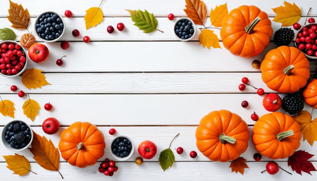 Autumn harvest arrangement with pumpkins and berries on white wooden background.の素材