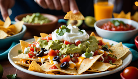 Delicious nacho platter with toppings and hand reaching for a chip.の素材