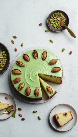 Delicious pistachio cake with slices on white background and top view of nuts.の素材