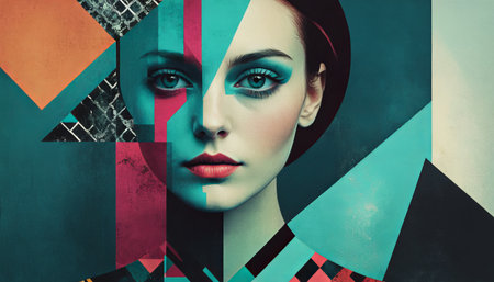 Abstract portrait of woman with geometric shapes and vibrant colors.の素材