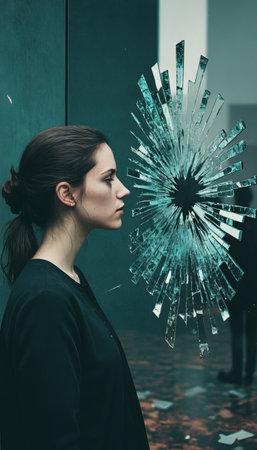 Reflection of shattered glass: woman's profile against intricate broken window.の素材