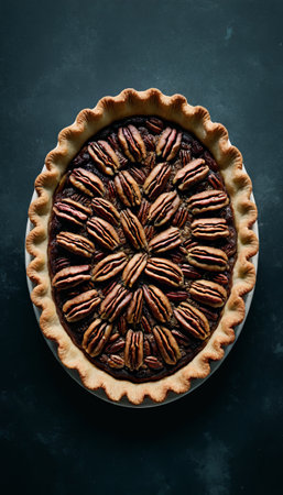 Delicious homemade pecan pie on dark surface with crust details.の素材