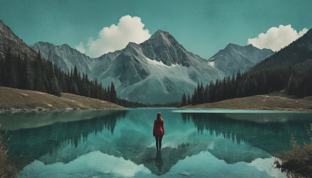 Serene mountain landscape with reflective lake and lone traveler.の素材