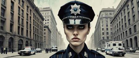 Urban female police officer standing firm amidst city traffic.の素材