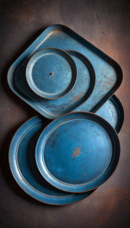 Vintage blue metal trays on dark textured background with rustic charm.の素材
