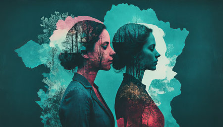 Creative double exposure of woman's silhouettes with nature elements.の素材