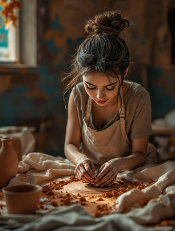 Focused artisan molding clay in sunlit studio.の素材