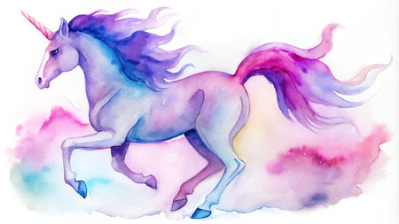 Majestic watercolor unicorn with vibrant rainbow mane in dreamy pastel colors.の素材