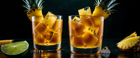 Refreshing pineapple cocktail with ice cubes and lime for a tropical experience.の素材