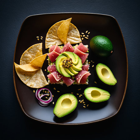 Gourmet ahi tuna and avocado salad with tortilla chips and seed garnish.の素材