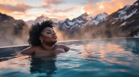 Serene relaxation in mountain hot spring with stunning snowy peaks at sunset.の素材