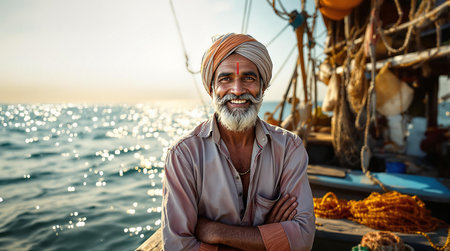 Smiling fisherman on traditional boat with ocean backdrop at sunrise.の素材