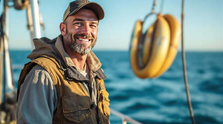 Smiling fisherman enjoying a day on the boat with a blue ocean backdrop.の素材