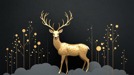 Elegant golden deer against minimalist abstract nature background.の素材