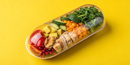 Colorful capsule meal with fresh veggies and fruits on vibrant yellow background.の素材