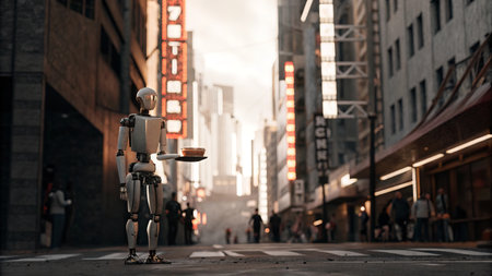 Futuristic robot waiter in urban street scene.の素材