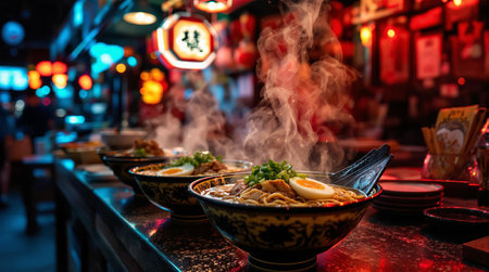 Steaming ramen in vibrant japanese street market at night.の素材