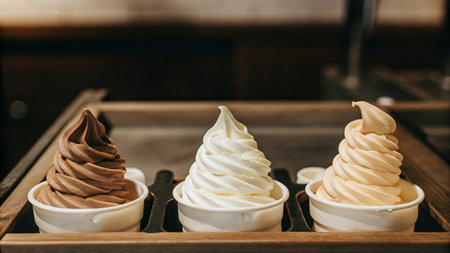 Trio of swirled soft serve ice cream in chocolate, vanilla, and mango flavors.の素材