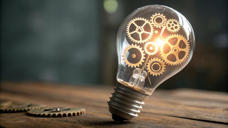 Light bulb with gear mechanism symbolizing innovation and creativity.の素材