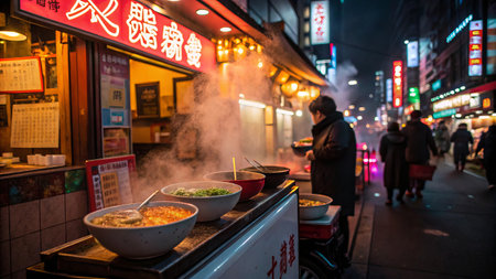 Vibrant night scenes of a bustling asian street food market.の素材