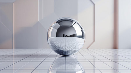 Futuristic minimalist interior with reflective metal sphere on geometric tiled floor.の素材