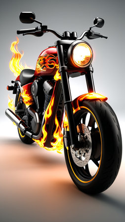 Fiery motorcycle with flames and custom design on a dynamic ride.の素材