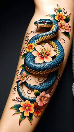 Vibrant snake tattoo design with floral accents on skin.の素材