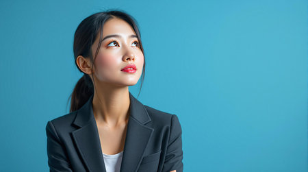 Confident young woman in black blazer against blue background.の素材