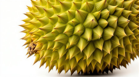 Close-up of spine-covered durian fruit with sharp green spikes.の素材