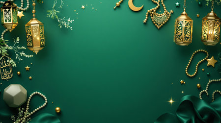 Elegant ramadan lanterns and decorative green background with islamic motifs.の素材