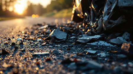 Dramatic sunset behind car wreck on road with shattered debris.の素材