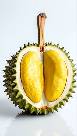Fresh durian with spiky shell and yellow flesh on white background.の素材