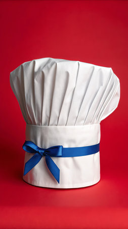 Elegant chef hat with blue ribbon against red background.の素材