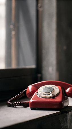 Vintage red rotary dial telephone on windowsill in natural light.の素材