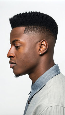 Trendy afro fade hairstyle on young man in stylish outfit.の素材