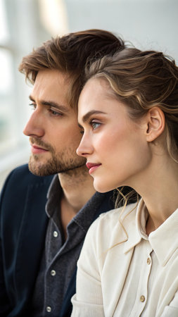 Pensive couple gazing together in thoughtful contemplation.の素材