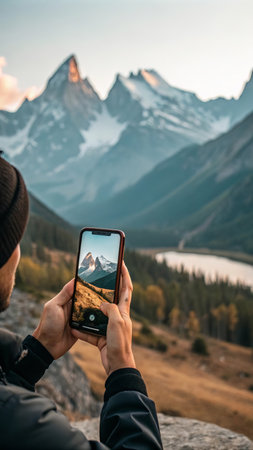 Capturing scenic mountain views with smartphone in serene landscape.の素材
