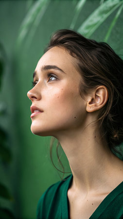 Profile of thoughtful woman in green dress surrounded by nature.の素材