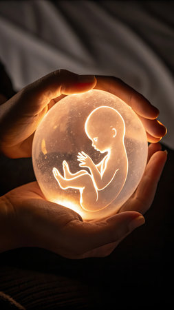 Glowing fetus in hands: symbolizing life, care, and hope.の素材