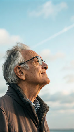 Elderly man reflecting outdoors under clear sky in tranquil setting.の素材