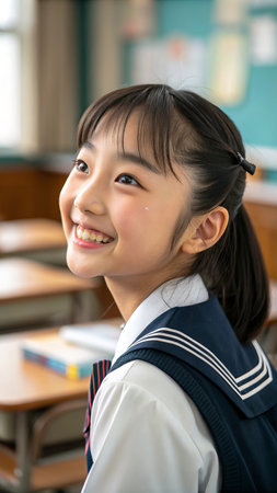 Young student smiling in classroom.の素材