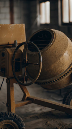 Industrial cement mixer in construction site setting.の素材