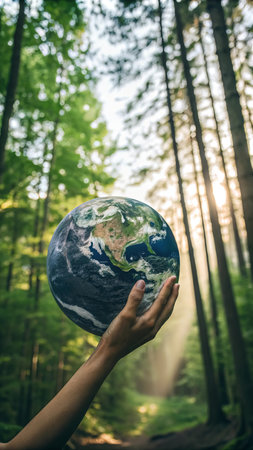 Sustainable future: hand holding earth in lush forest, embracing nature and conservation.の素材
