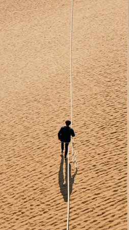 Man walking through desert along a long rope path creating a unique perspective.の素材