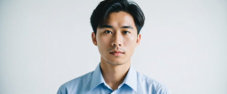 Confident young man in blue shirt against minimalist white background.の素材