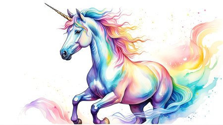 Vibrant rainbow unicorn with flowing mane and colorful particle trail.の素材
