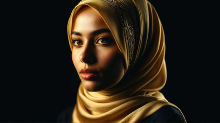 Elegant portrait of a woman in a golden hijab with intricate designs against a dark background.の素材
