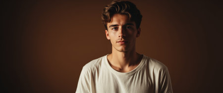 Young man in white t-shirt against a warm brown backdrop.の素材
